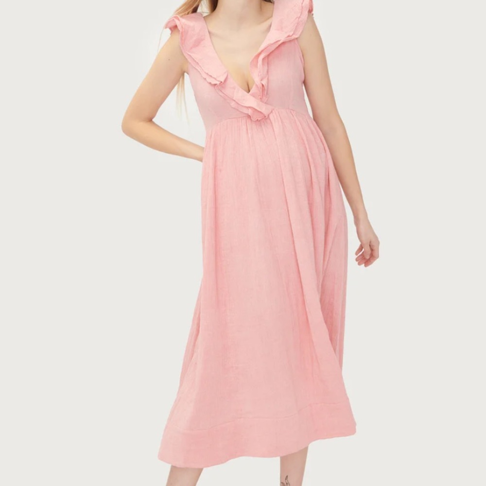 Hatch Pink Linen Ruffle Maternity Dress
